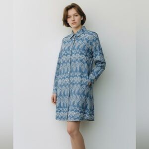 Zara Blue & White Embroidered Paisley Eyelet Mini Shirt Dress-Size Small